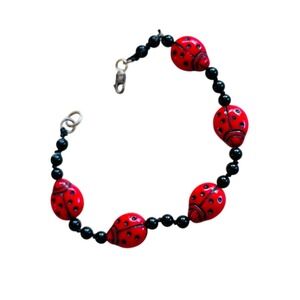 LadyBug Bracelet Critters Lampwork Art Glass Red Black Sterling Silver 925 Clasp